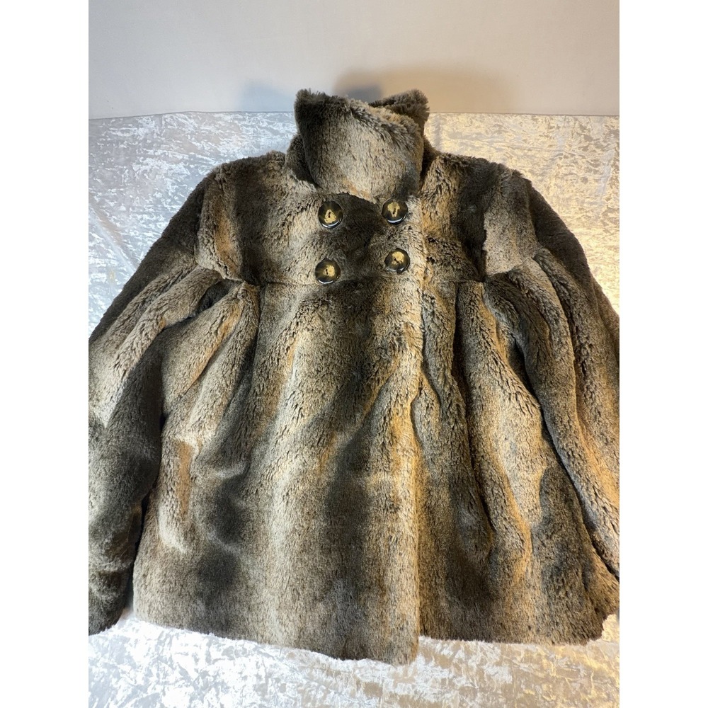 Du Monde Faux Fur Jacket Womens M Brown Double Breasted High Collar Plush Coat